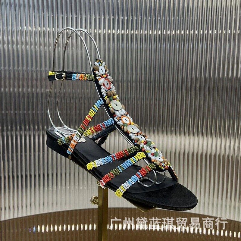 Multicolor Beaded Gladiator Sandals with Metal Straps Black Heels - 3