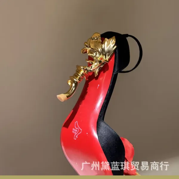 Christian Louboutin Rose-Embellished Ankle-Strap Stilettos Black Heels - 5