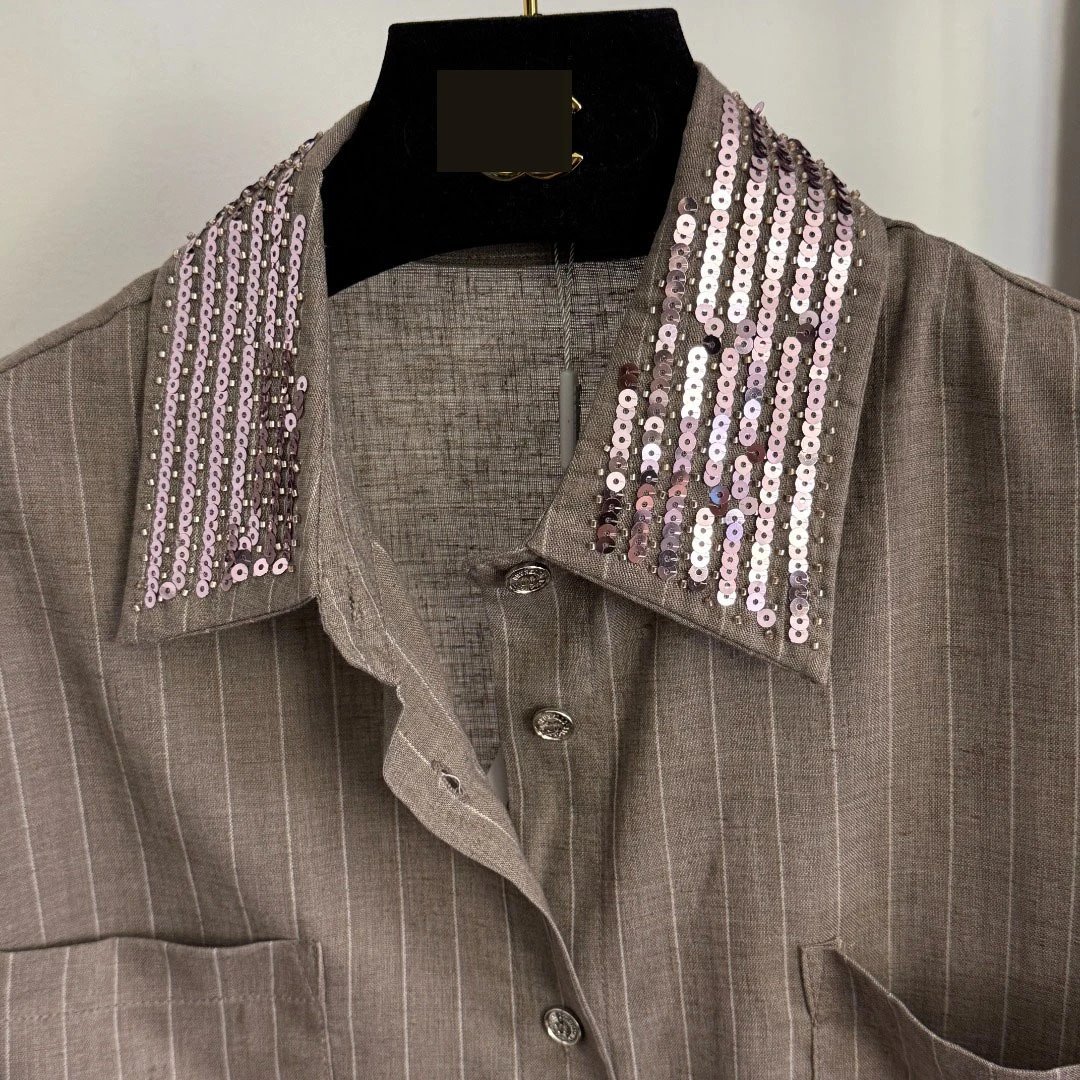 Off-White Sequin Collar Pinstripe Shirt and Trousers Set Gray - 10