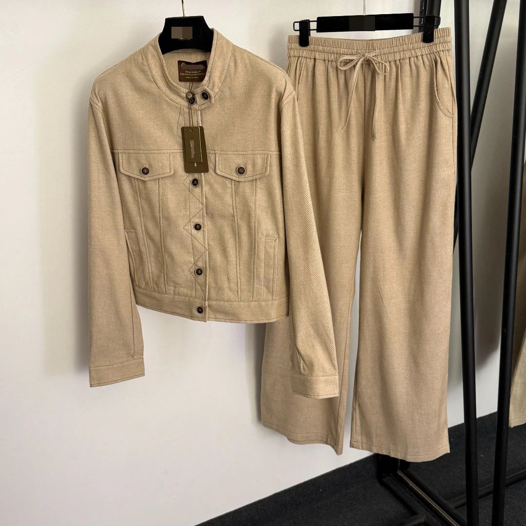 Design Textured Knit Jacket and Wide-Leg Pants Set Beige Casual Set - 5