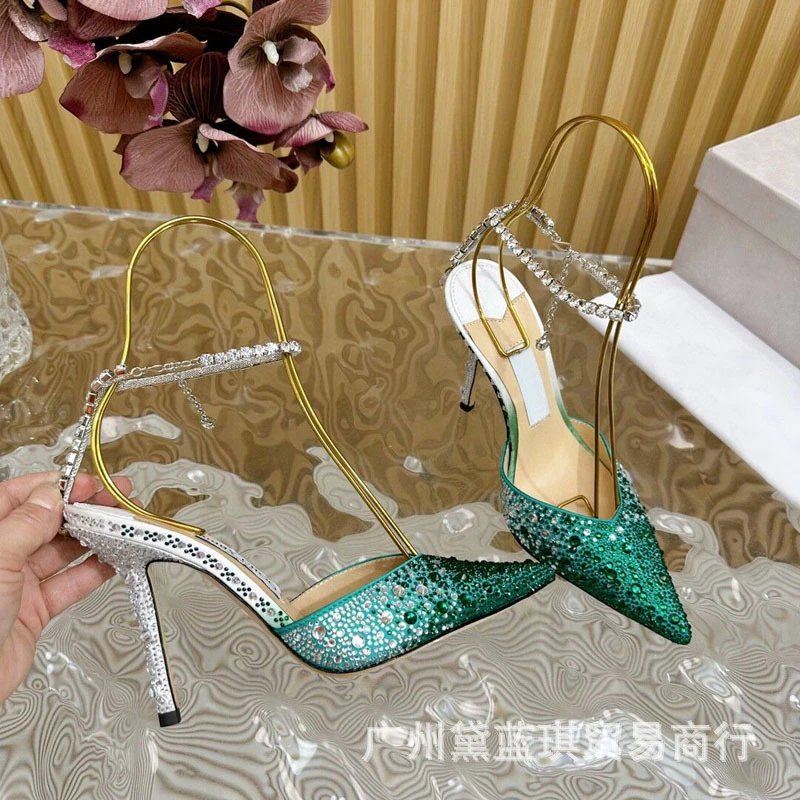 Emerald Crystal-Embellished Stiletto Heels with Gold Wire Straps - 2