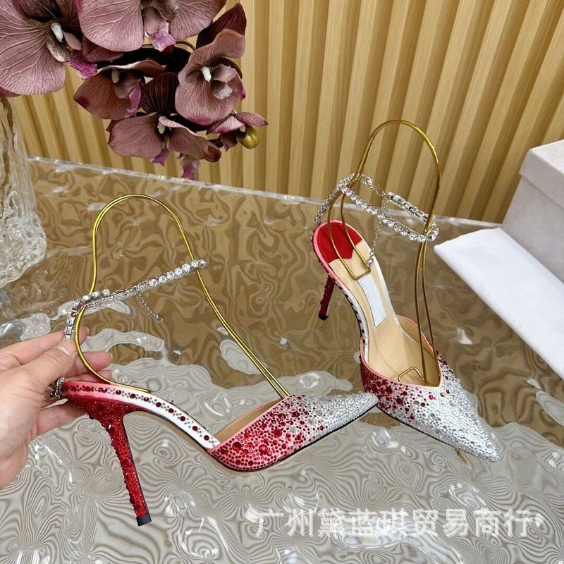 Emerald Crystal-Embellished Stiletto Heels with Gold Wire Straps - 4