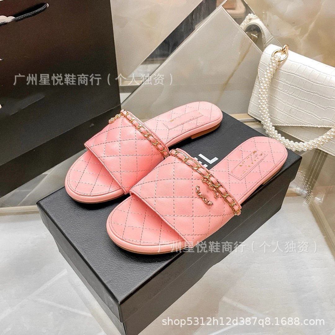 Chanel-inspired Quilted Chain Slide Sandals Beige Slippers - 6