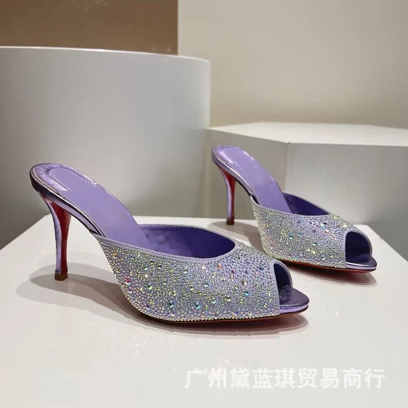 Christian Louboutin Crystal-Embellished Purple Peep-Toe Mule Heels