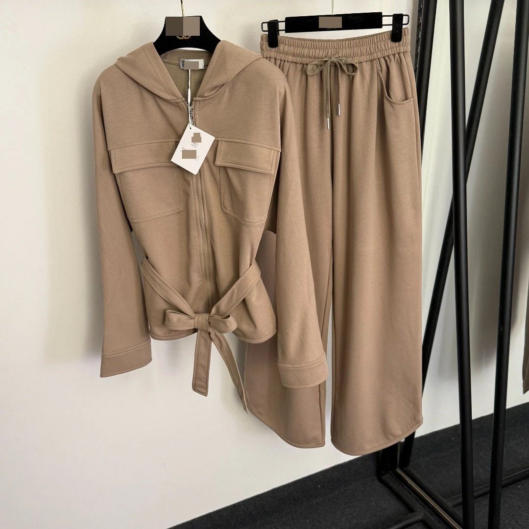 Beige Hooded Wrap Jacket and Wide-Leg Sweatpants Set - 5