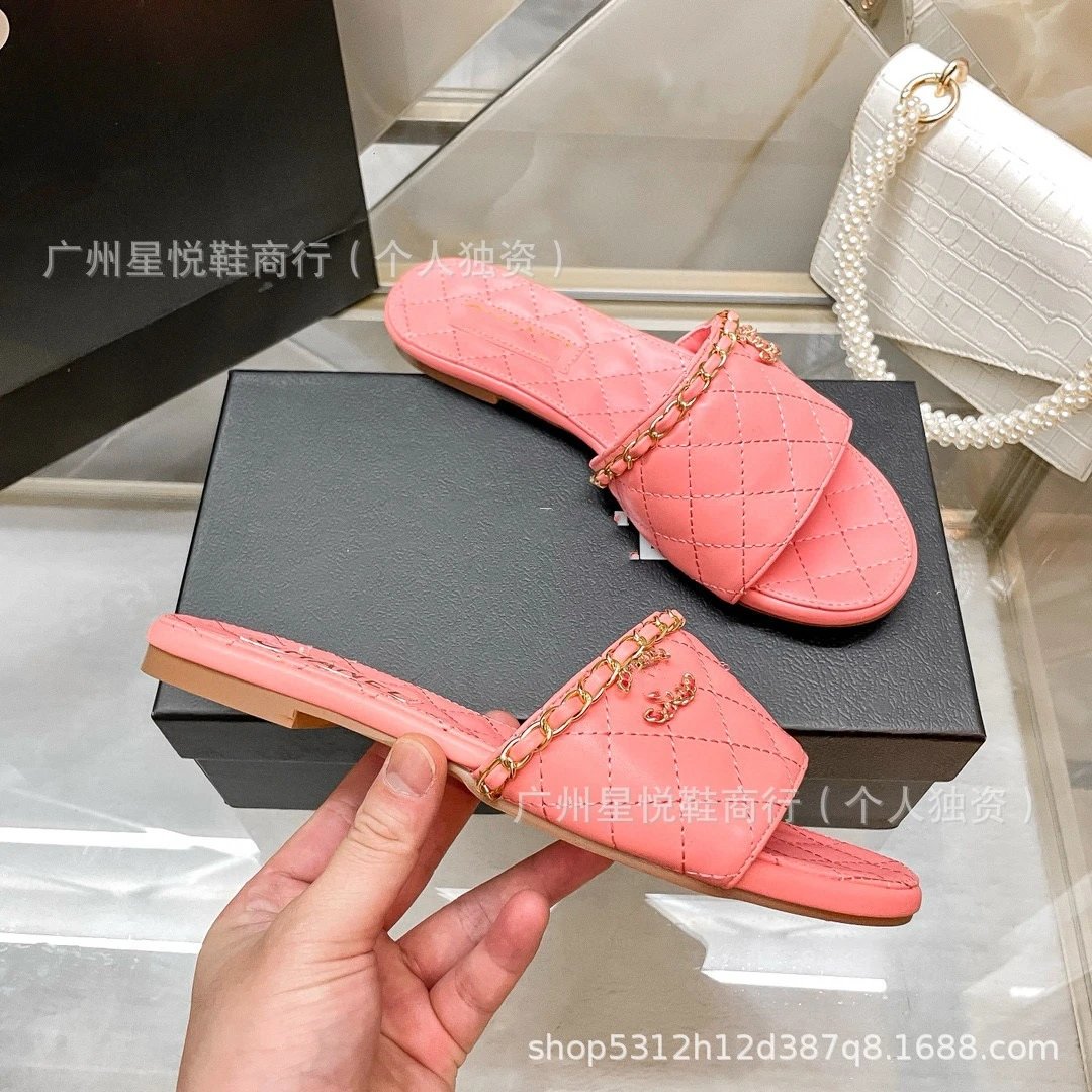 Chanel-inspired Quilted Chain Slide Sandals Beige Slippers - 13