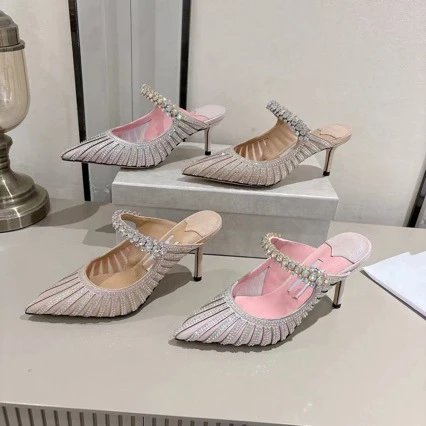 Crystal-Embellished Pointed-Toe Mule Heel in Light Pink - 6