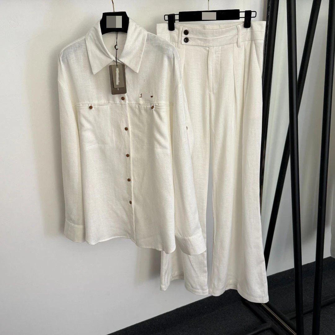 Design Linen-Blend Shirt and Wide-Leg Pants Set in Pale Blue - 8