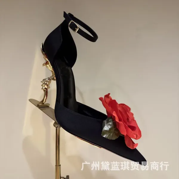 Christian Louboutin Rose-Embellished Ankle-Strap Stilettos Black Heels - 9