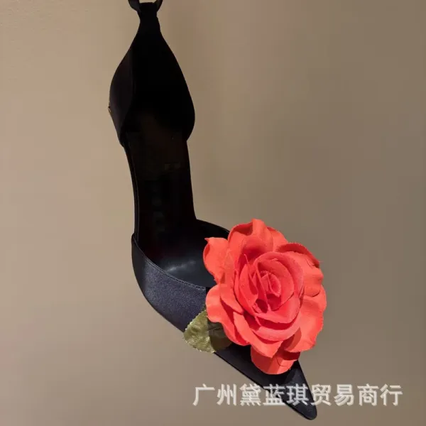 Christian Louboutin Rose-Embellished Ankle-Strap Stilettos Black Heels - 2