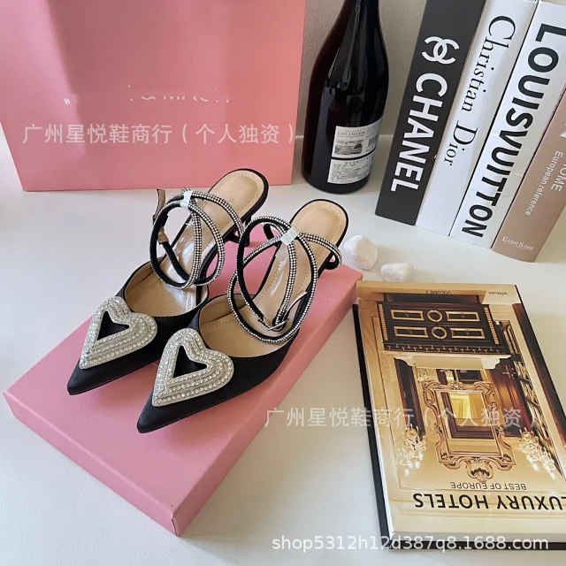 Unbranded High Heels Pointed-Toe Satin Pumps with Rhinestone Heart Detail and Ankle Wrap Straps product detail image 10