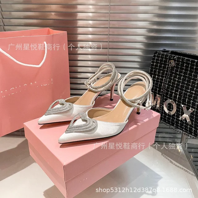 Unbranded High Heels Pointed-Toe Satin Pumps with Rhinestone Heart Detail and Ankle Wrap Straps product detail image 3