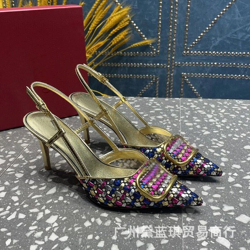 Multicolor Crystal-Embellished Slingback Stiletto Heels