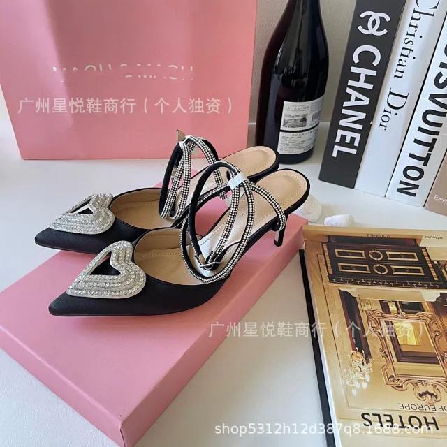 Unbranded High Heels Pointed-Toe Satin Pumps with Rhinestone Heart Detail and Ankle Wrap Straps product detail image 9