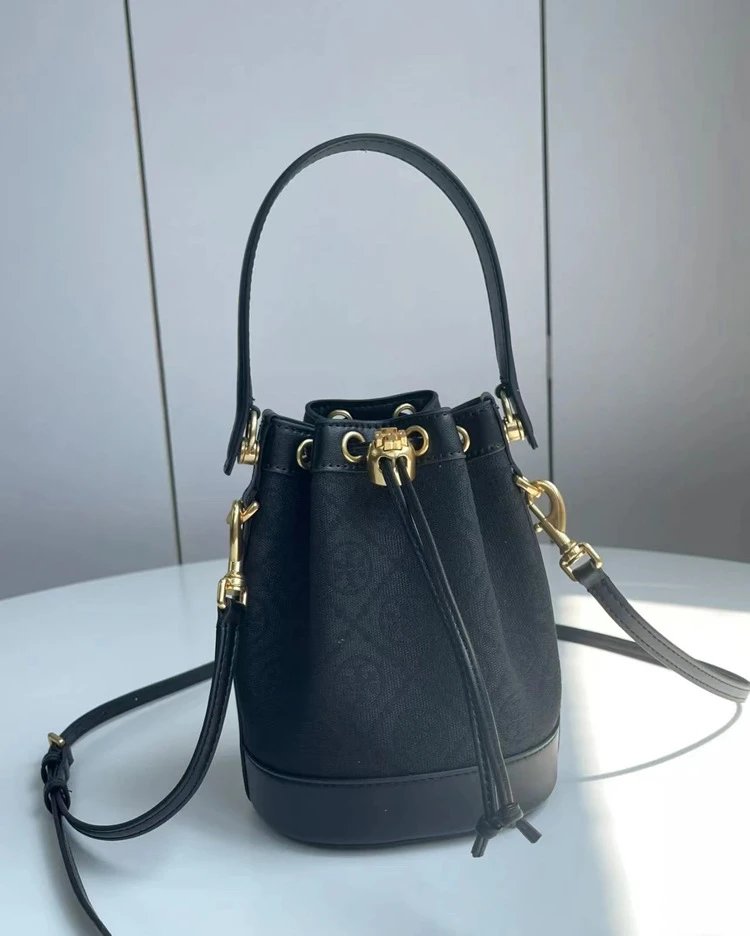 Tory Burch Miller Bucket Bag Beige Brown Monogram Handbag - 12