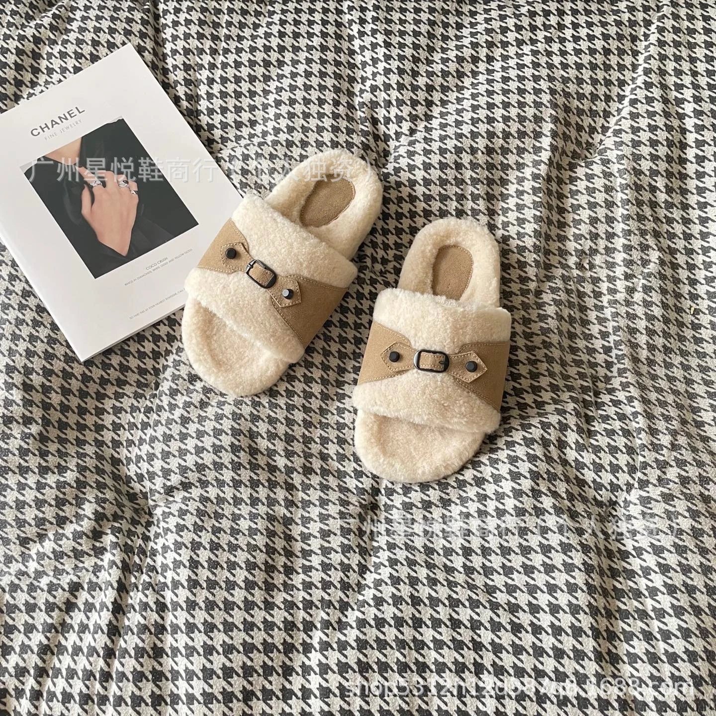 UGG Fluff Slide Beige Suede Strap Slippers - 10