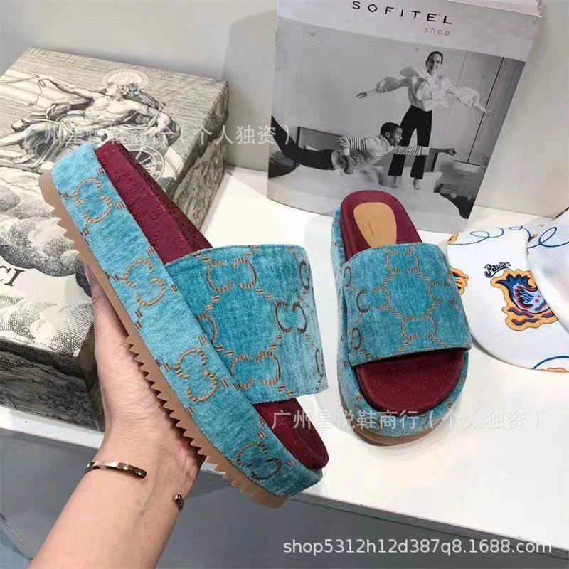 Gucci Slippers GG monogram platform slide — blue velvet thick bottom
