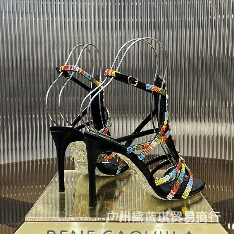 Multicolor Beaded Gladiator Sandals with Metal Straps Black Heels - 7