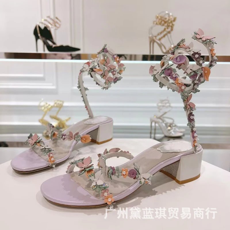 Handcrafted Floral Embellished Lilac Block Heel Sandals