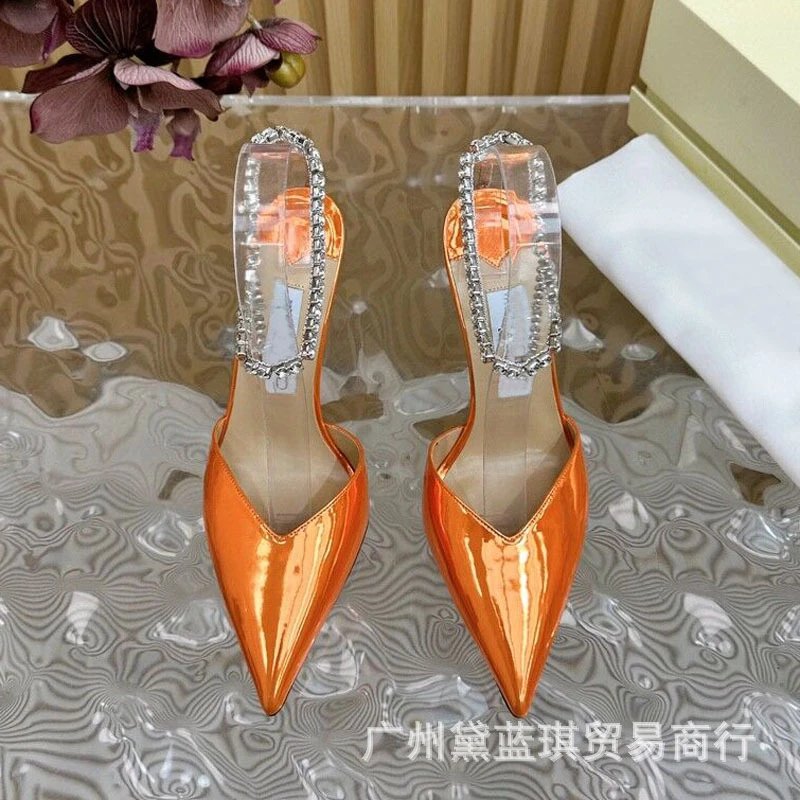 Purple Patent Leather Stiletto Heels with Crystal-Embellished Clear Strap Heels - 6