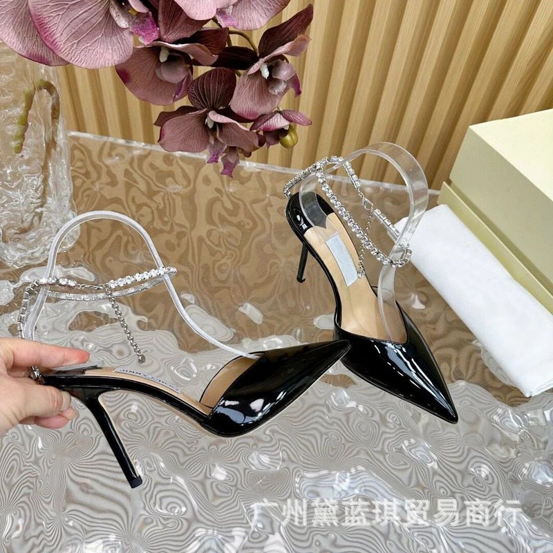 Purple Patent Leather Stiletto Heels with Crystal-Embellished Clear Strap Heels - 11
