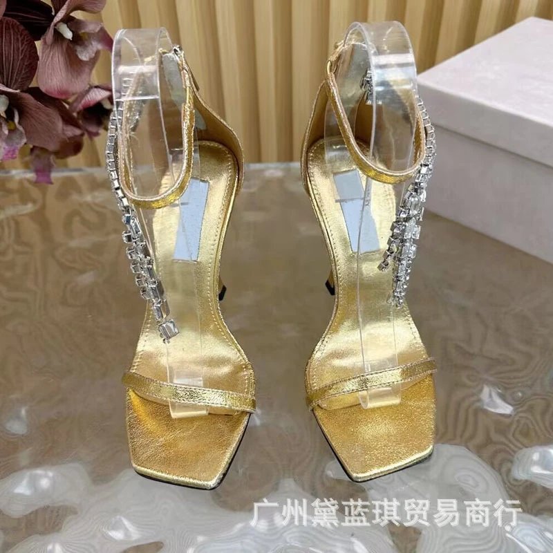 Transparent Strap Chain-Embellished Black Square-Toe Stiletto Heels - 9