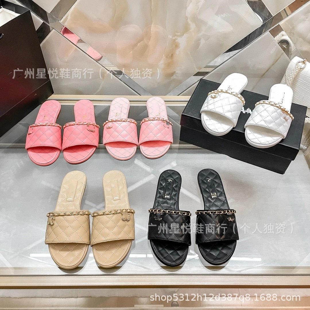 Chanel-inspired Quilted Chain Slide Sandals Beige Slippers - 2