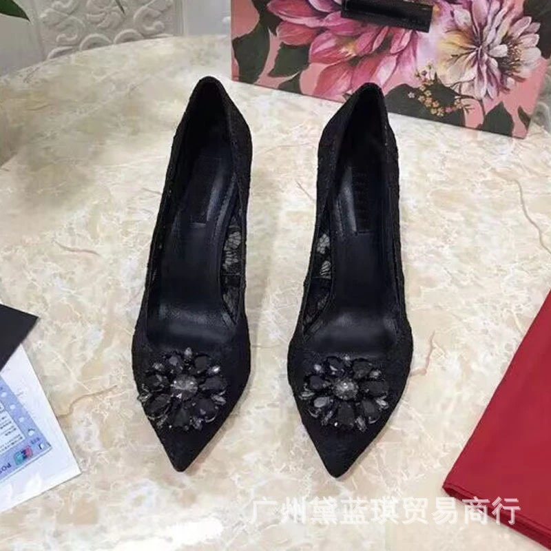 Dolce & Gabbana Lace-Embellished Crystal Floral Pointed-Toe Stilettos Blue - 7