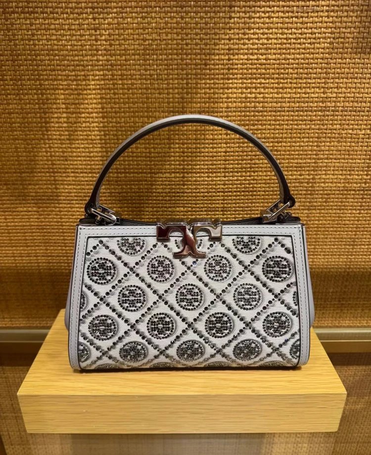 Tory Burch Miller Mini Top-Handle Bag Navy Blue and Beige Jacquard Handbag - 4