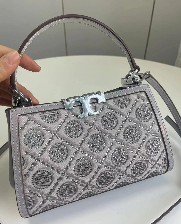 Tory Burch Miller Mini Top-Handle Bag Navy Blue and Beige Jacquard Handbag - 11