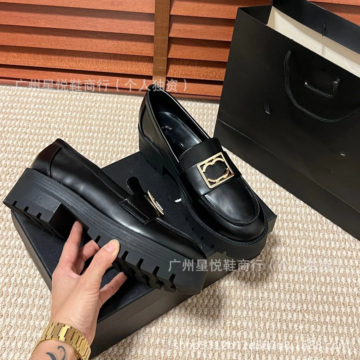 Chanel-inspired Chunky Loafer with Gold CC Buckle Black Loafers - 12
