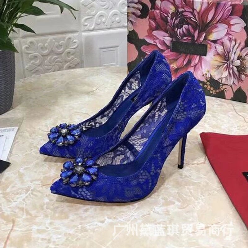 Dolce & Gabbana Lace-Embellished Crystal Floral Pointed-Toe Stilettos Blue - 4
