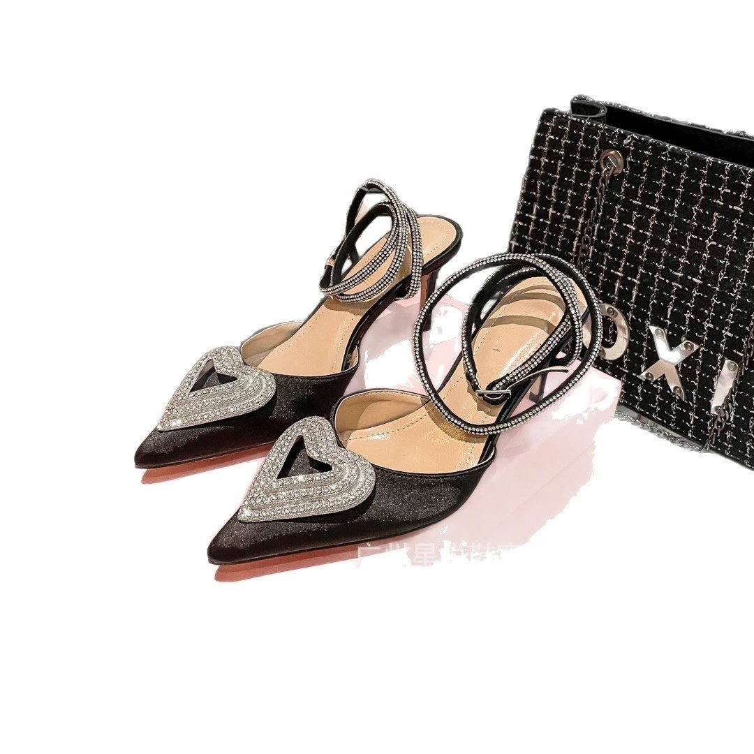 Unbranded High Heels Pointed-Toe Satin Pumps with Rhinestone Heart Detail and Ankle Wrap Straps image 5