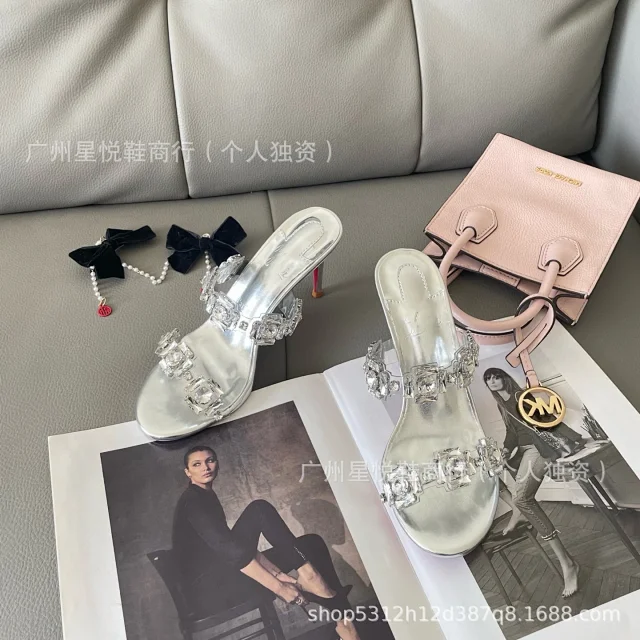 Unbranded Sandals Crystal-Embellished Clear Strap Heeled Mules product detail image 10