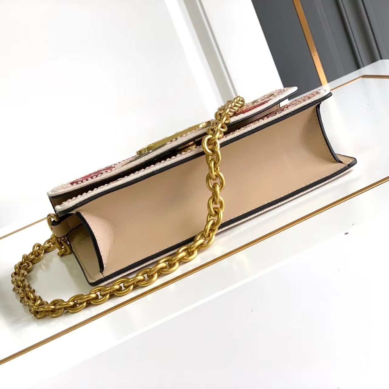 Valentino Garavani VLogo Cherry Embroidered Chain Bag Beige - 6