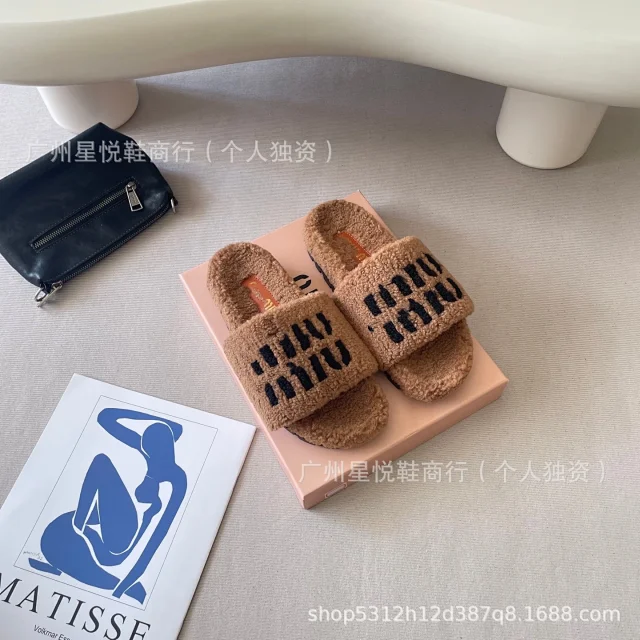 Miu Slippers Shearling Logo Slides product detail image 3