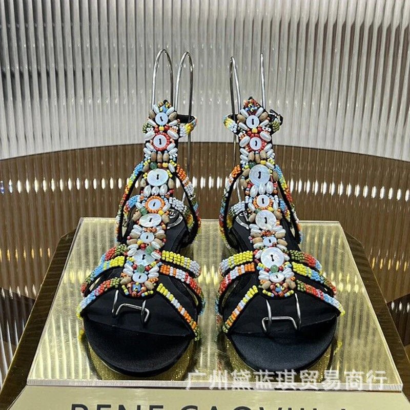 Multicolor Beaded Gladiator Sandals with Metal Straps Black Heels - 2