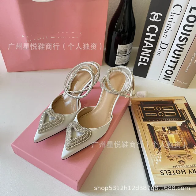 Unbranded High Heels Pointed-Toe Satin Pumps with Rhinestone Heart Detail and Ankle Wrap Straps product detail image 13