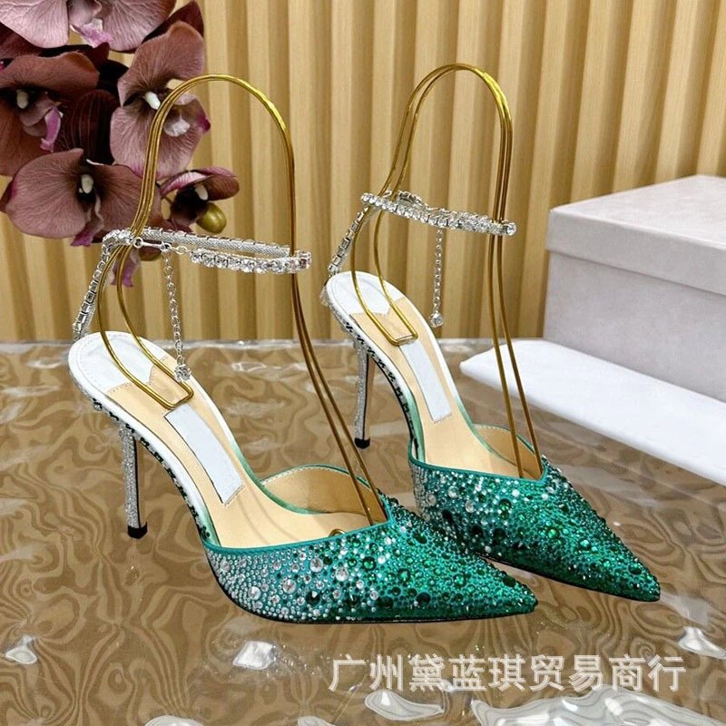 Dazzling Starry Sky Silk Hot-Fix Crystal Pointed-Toe Heeled Sandals with Chain: Fashion Walkway | findsindex.com