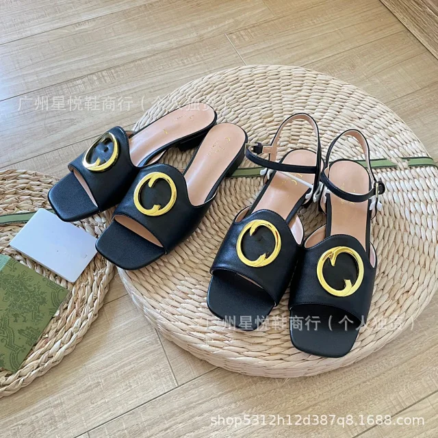 Unbranded Sandals Square-Toe Ankle-Strap with Gold-Tone Round Buckle product detail image 6