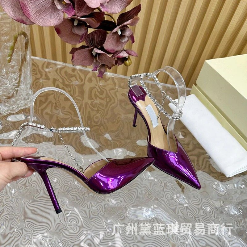 Purple Patent Leather Stiletto Heels with Crystal-Embellished Clear Strap Heels - 9