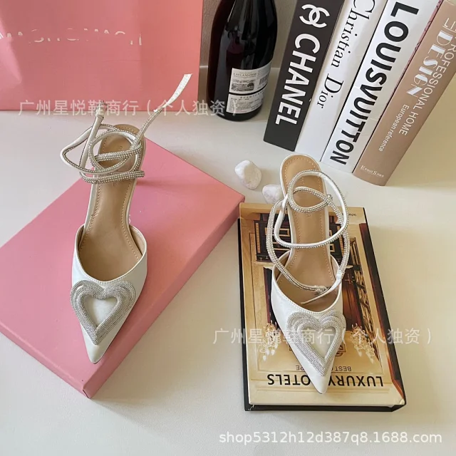 Unbranded High Heels Pointed-Toe Satin Pumps with Rhinestone Heart Detail and Ankle Wrap Straps product detail image 19