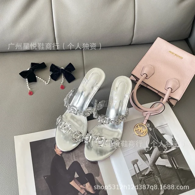 Unbranded Sandals Crystal-Embellished Clear Strap Heeled Mules product detail image 11