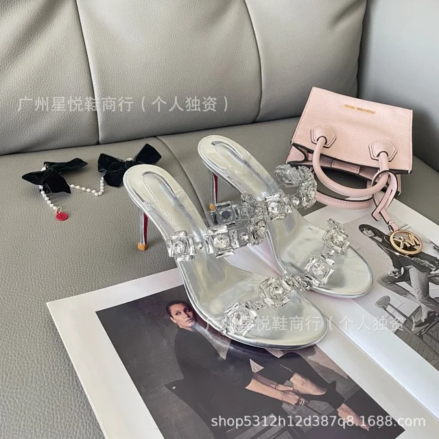 Unbranded Sandals Crystal-Embellished Clear Strap Heeled Mules product detail image 9