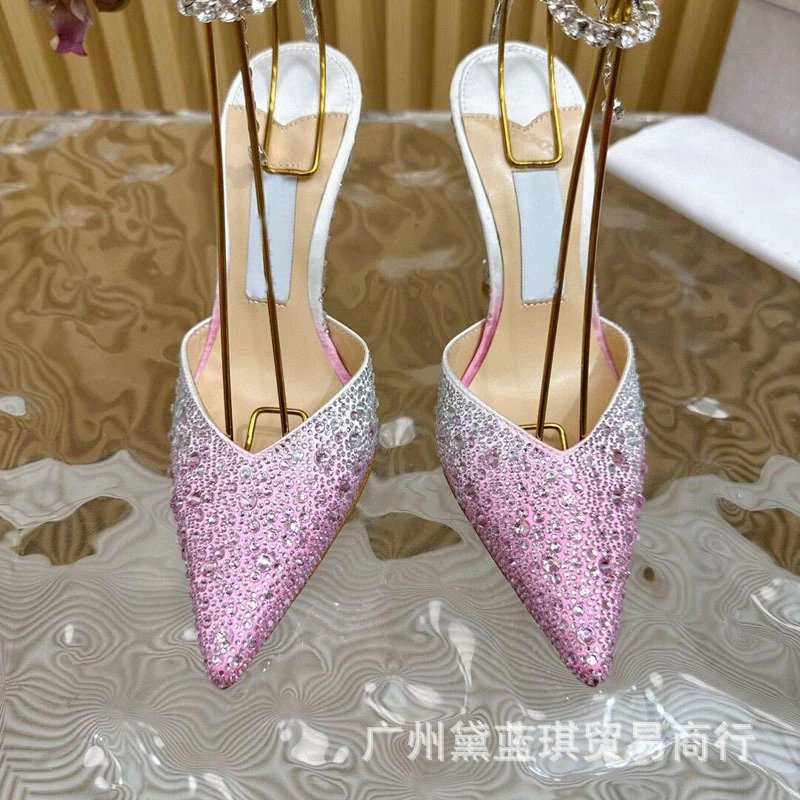 Emerald Crystal-Embellished Stiletto Heels with Gold Wire Straps - 6