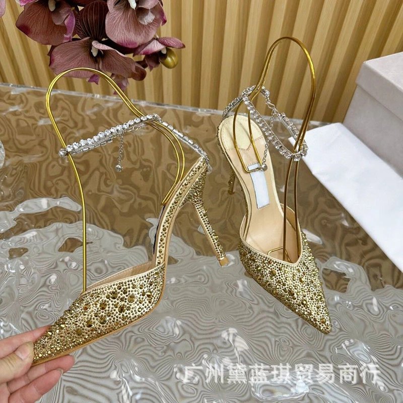 Emerald Crystal-Embellished Stiletto Heels with Gold Wire Straps - 8