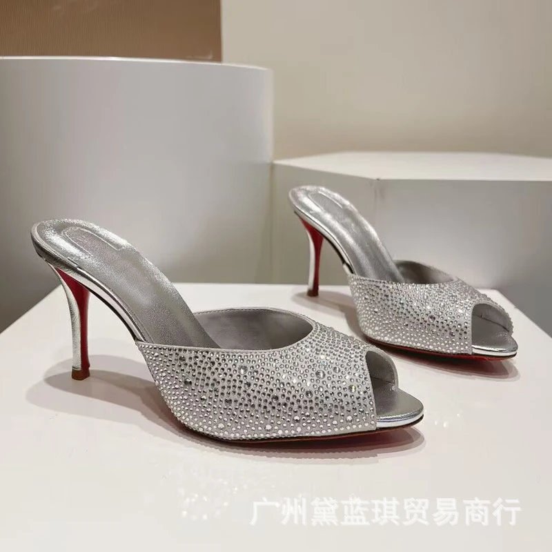 Christian Louboutin Pigalle Follies Crystal-Embellished Silver Peep-Toe Mules