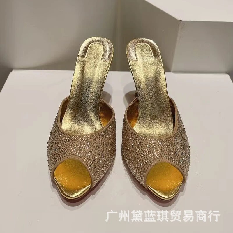 Christian Louboutin Daffodile Crystal-Embellished Gold Peep-Toe Mules - 4