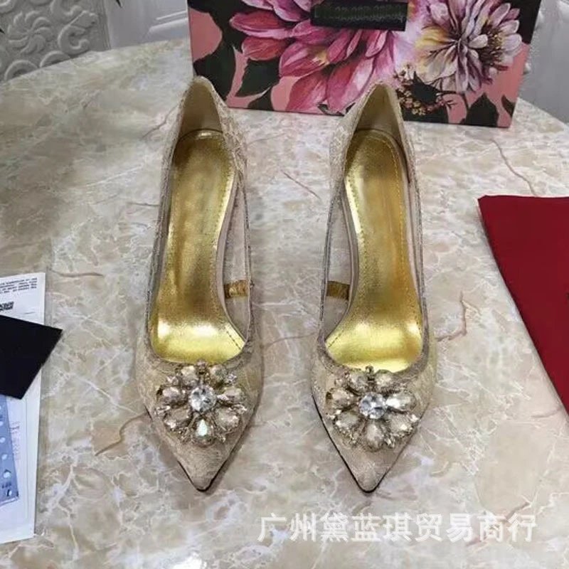 Dolce & Gabbana Lace-Embellished Crystal Floral Pointed-Toe Stilettos Blue - 10
