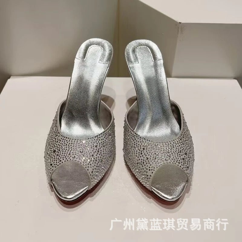 Christian Louboutin Daffodile Crystal-Embellished Gold Peep-Toe Mules - 6